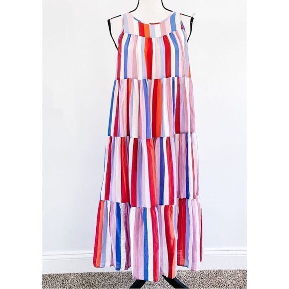 Xirena Eva Striped Silk Sleeveless Multicolor Tiered Midi Dress Sorrento Sz XS - Picture 3 of 9